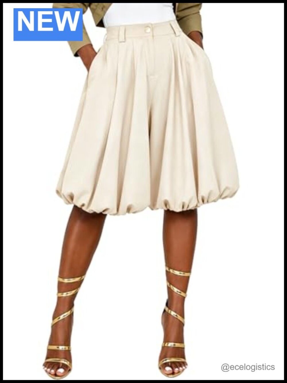 High Waisted Balloon Bermuda Shorts Pleated Capri Culottes with Pockets